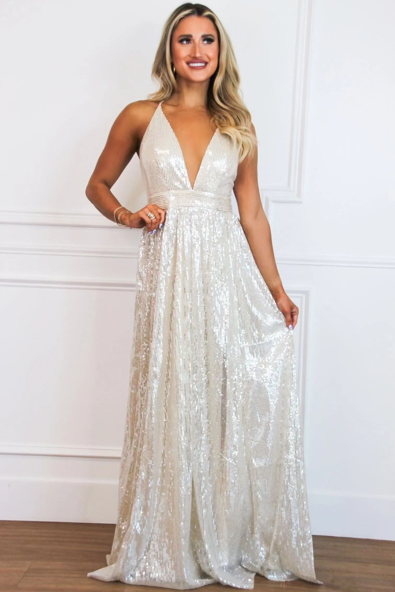 Hollywood Glam Sequin Maxi Dress: Nude/Silver Champagne sold by Bella and Bloom