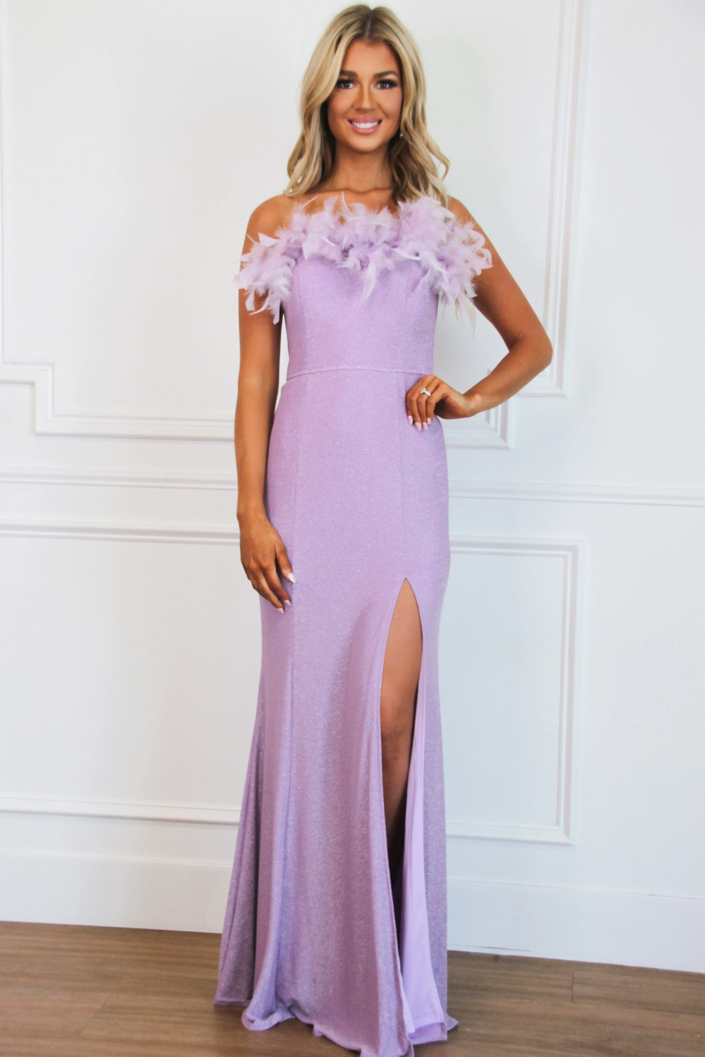 Look My Way Sparkly Feather Maxi Dress: Lavender sold by Bella and Bloom product image thumbnail 2