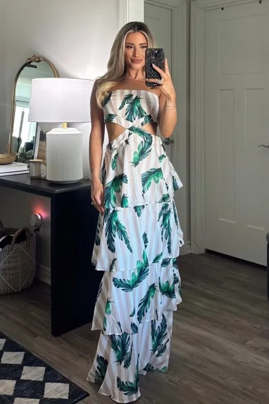 It's a Shore Thing Tiered Cutout Maxi Dress: Sand Multi sold by Bella and Bloom