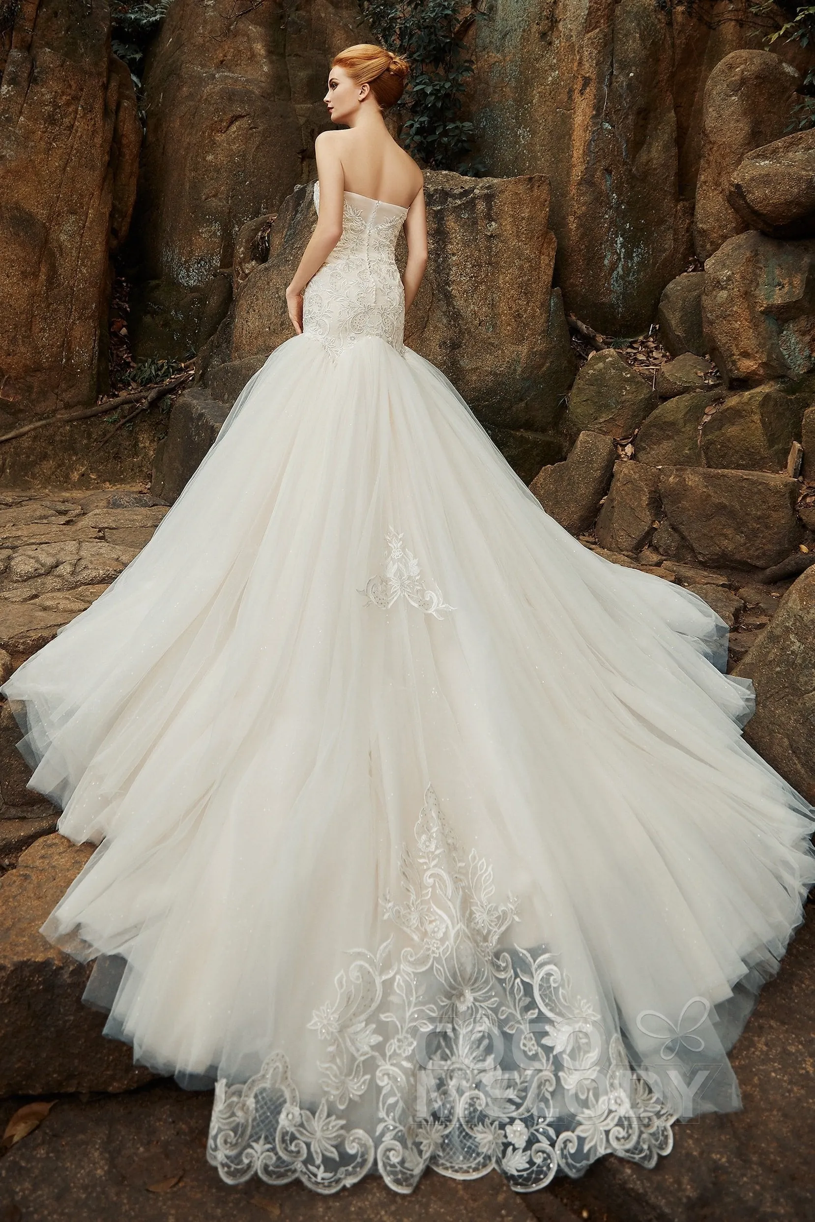 Trumpet Chapel Train Tulle Satin Wedding Dress CW2136 sold by Cocomelody product image thumbnail 2