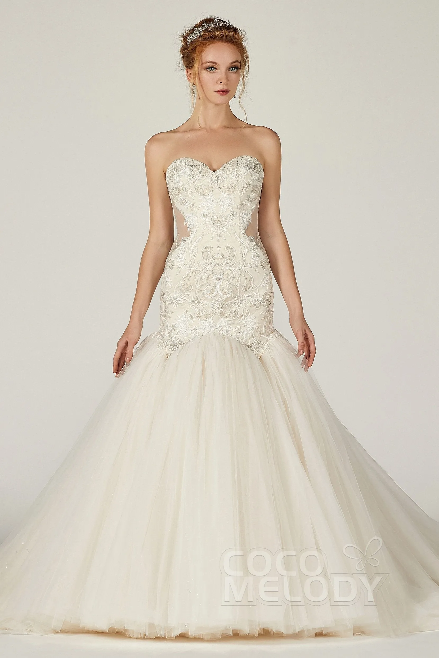 Trumpet Chapel Train Tulle Satin Wedding Dress CW2136 sold by Cocomelody product image thumbnail 3