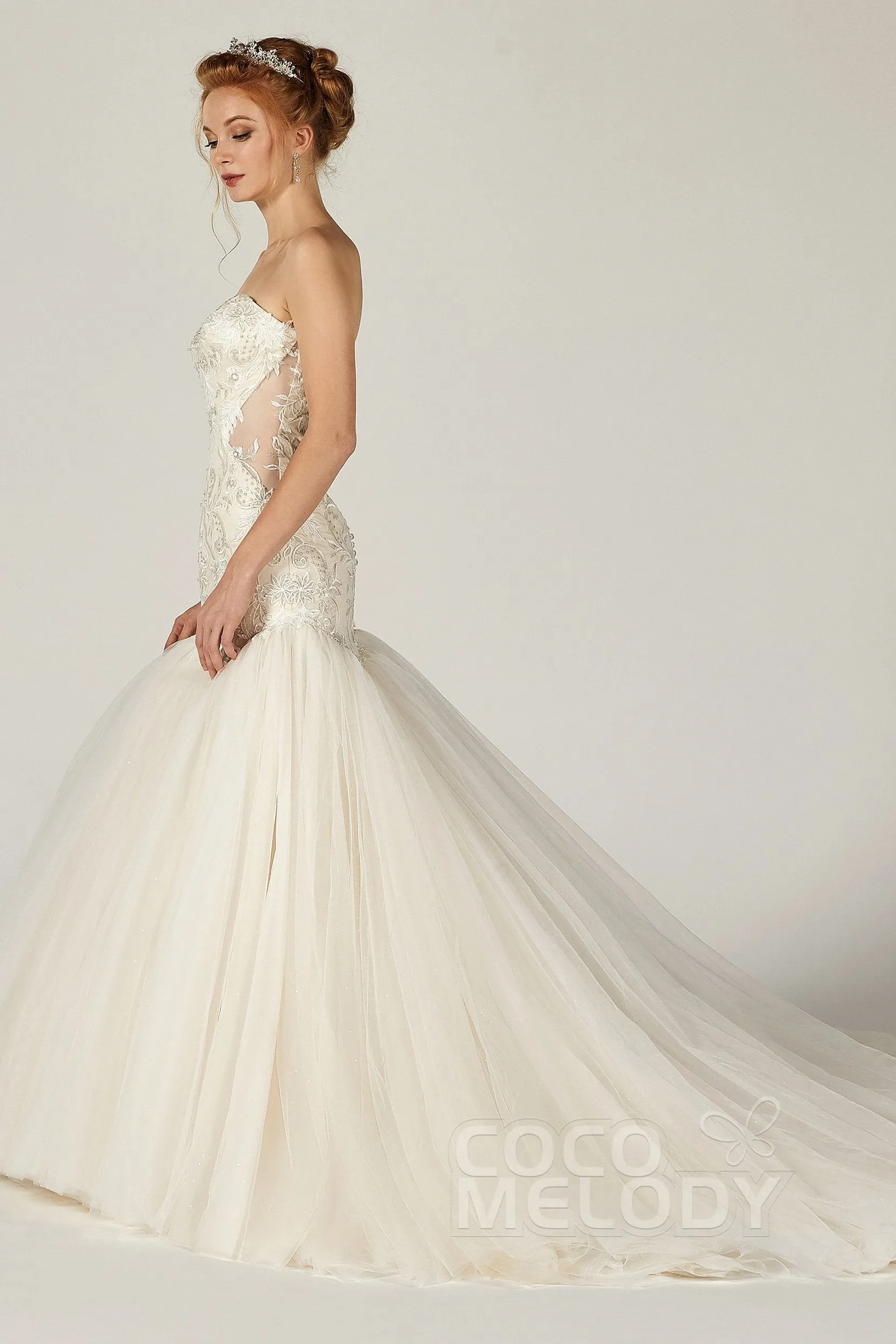 Trumpet Chapel Train Tulle Satin Wedding Dress CW2136 sold by Cocomelody product image thumbnail 5