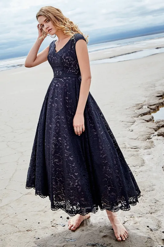 A-Line Tea Length Lace and Tulle Gothic Wedding Dress LD5831CR sold by Cocomelody