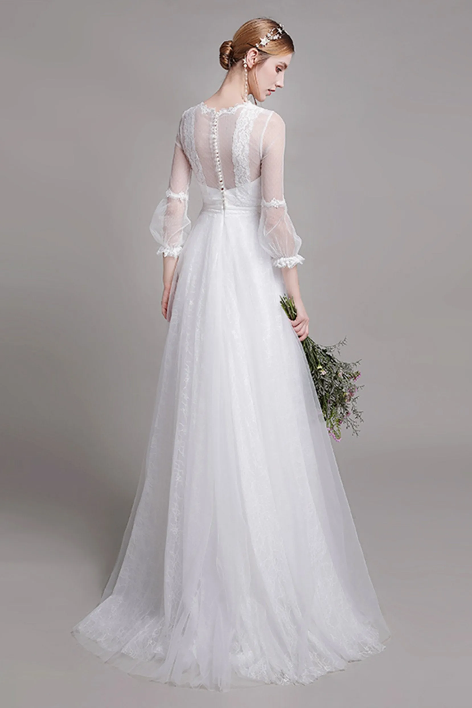 A-Line Floor Length Lace Tulle Wedding Dress CW2751 sold by Cocomelody product image thumbnail 2