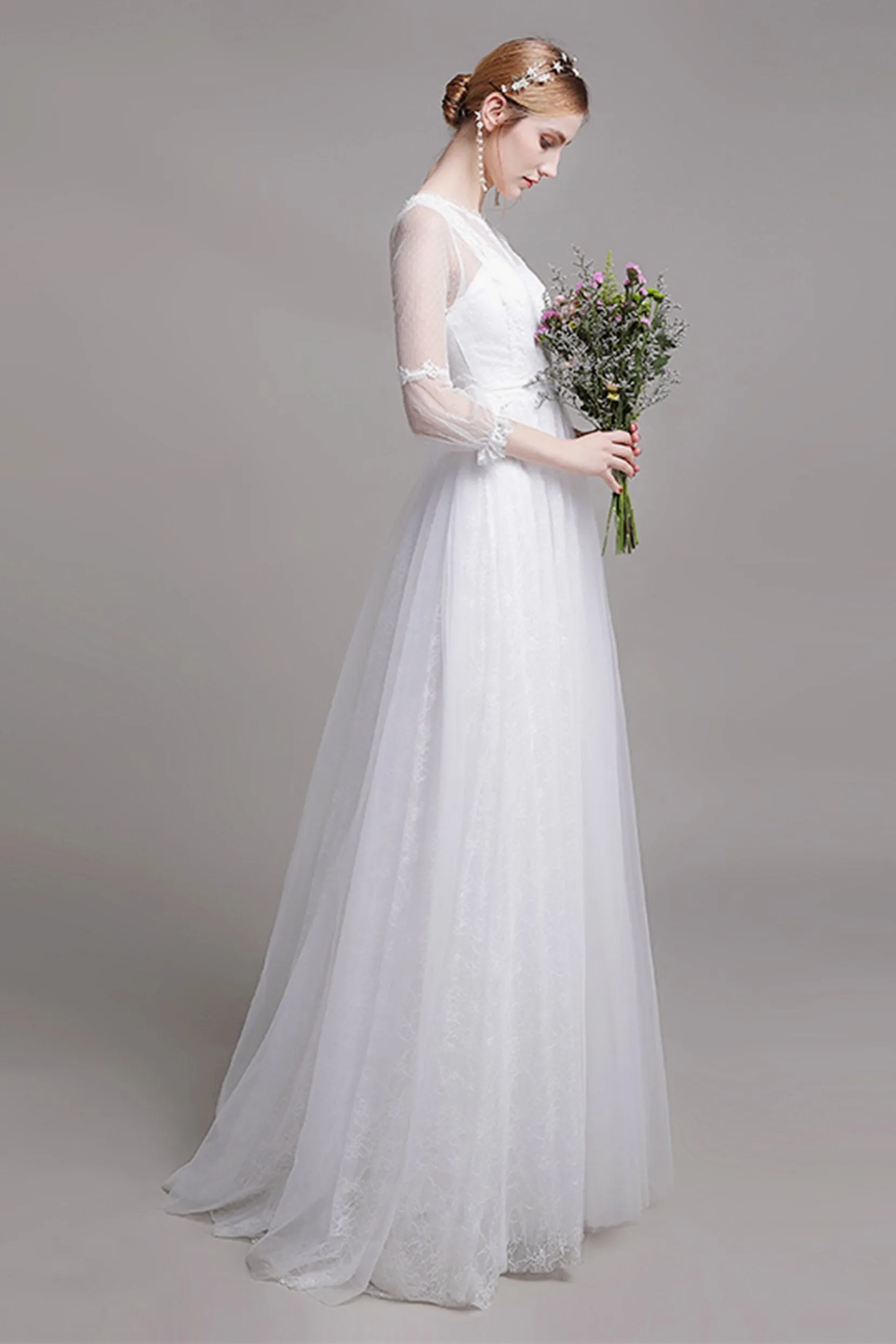 A-Line Floor Length Lace Tulle Wedding Dress CW2751 sold by Cocomelody product image thumbnail 3