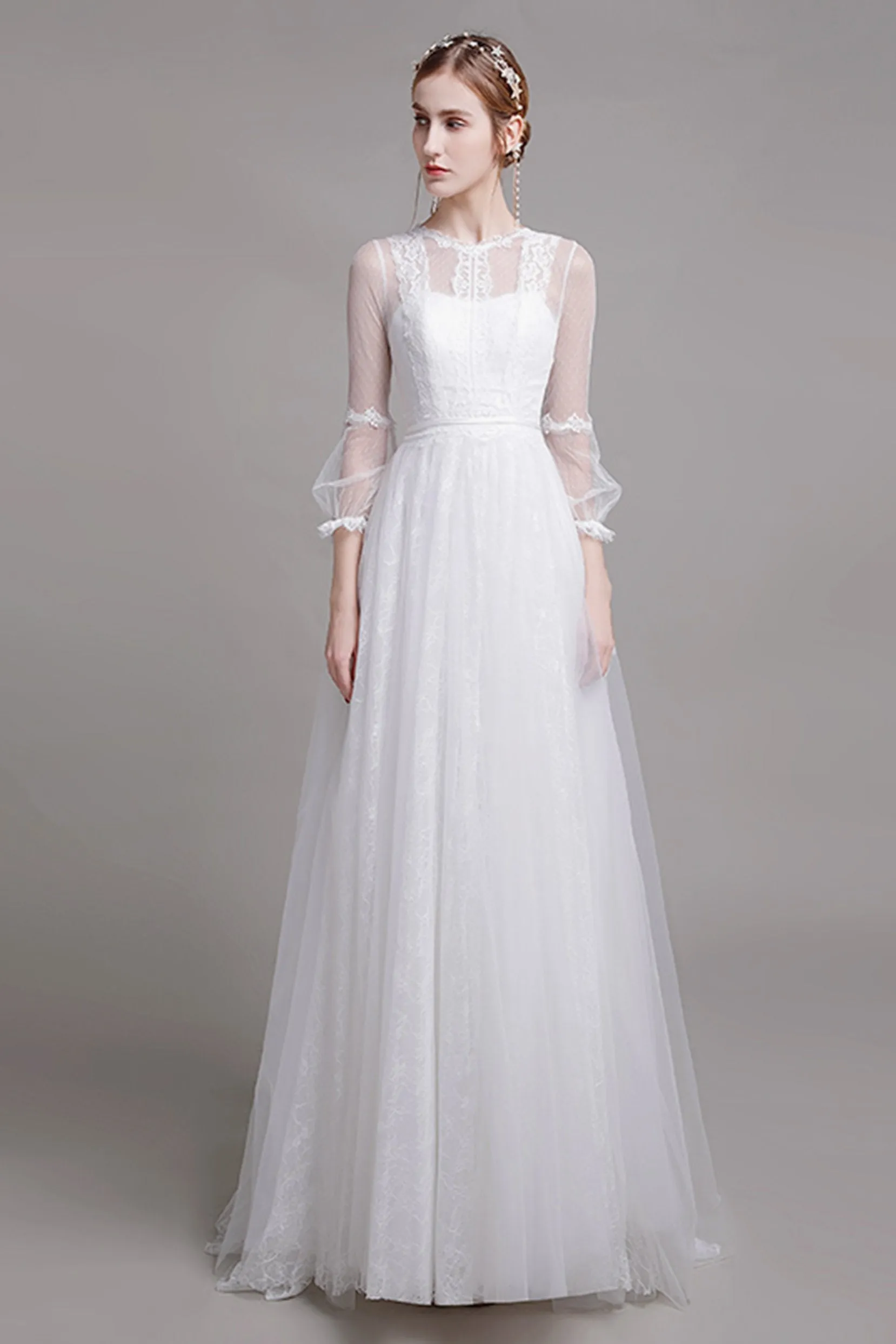 A-Line Floor Length Lace Tulle Wedding Dress CW2751 sold by Cocomelody