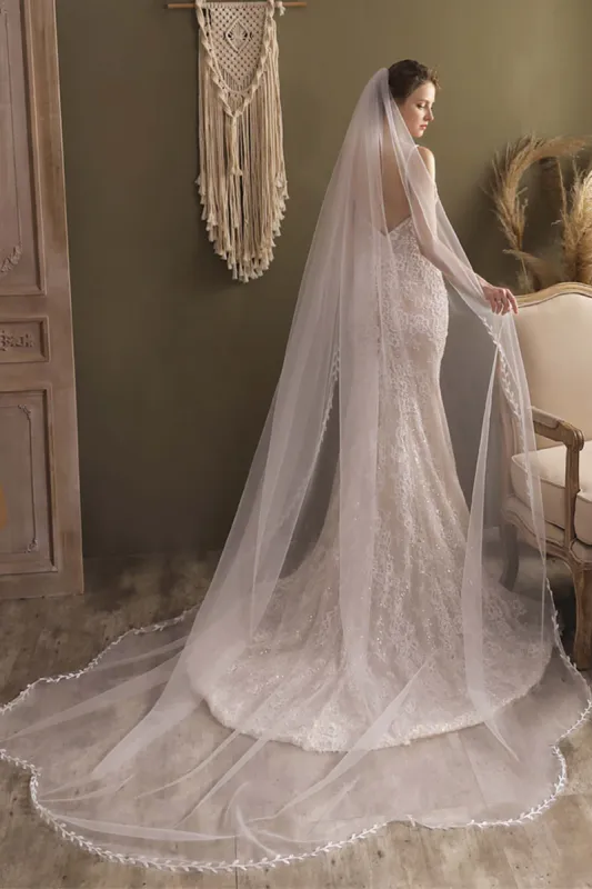 One-tier Leaves Edge Tulle Cathedral Veils CV0298 sold by Cocomelody