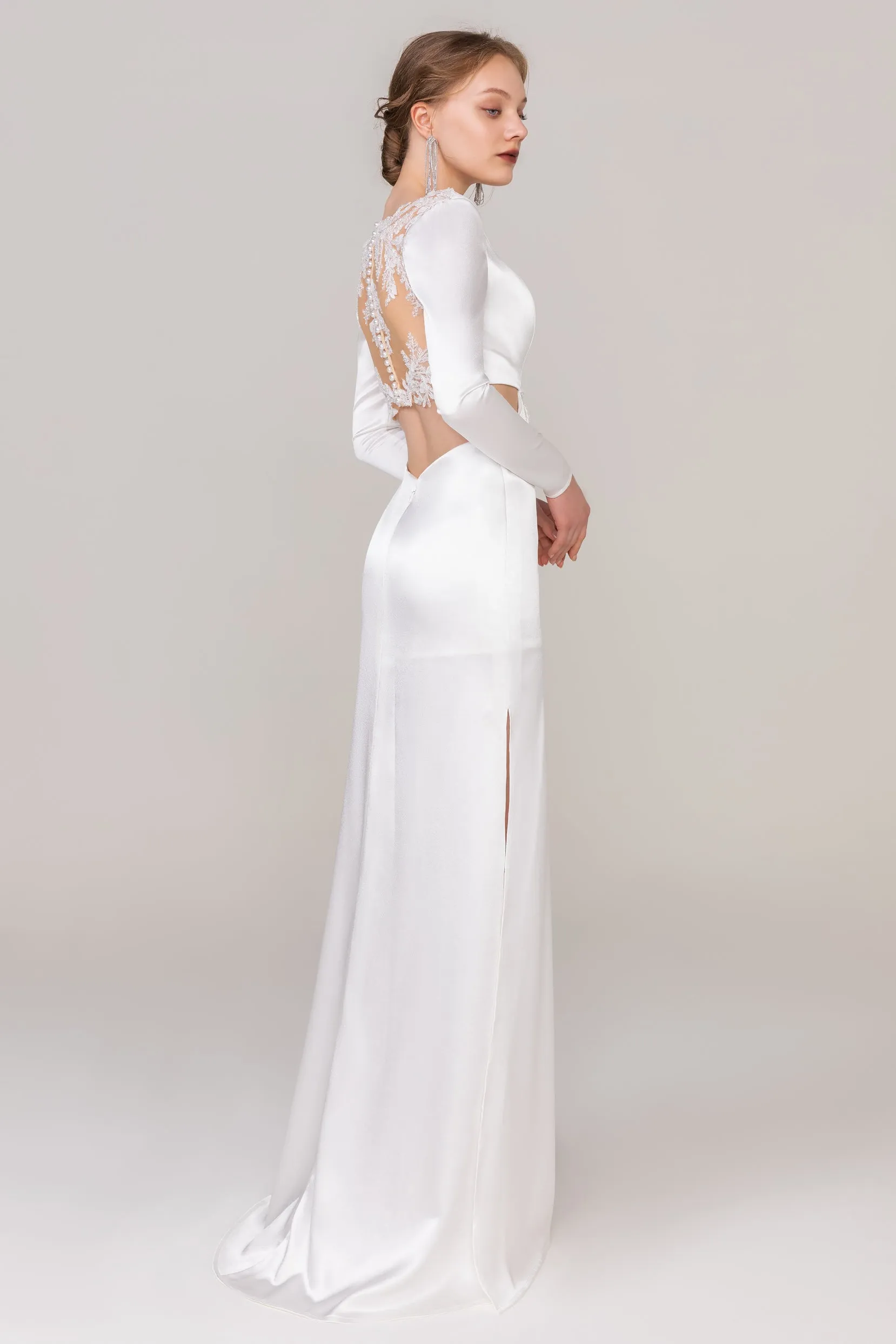 Sheath-Column Sweep-Brush Train Satin Wedding Dress CW2411 sold by Cocomelody product image thumbnail 3