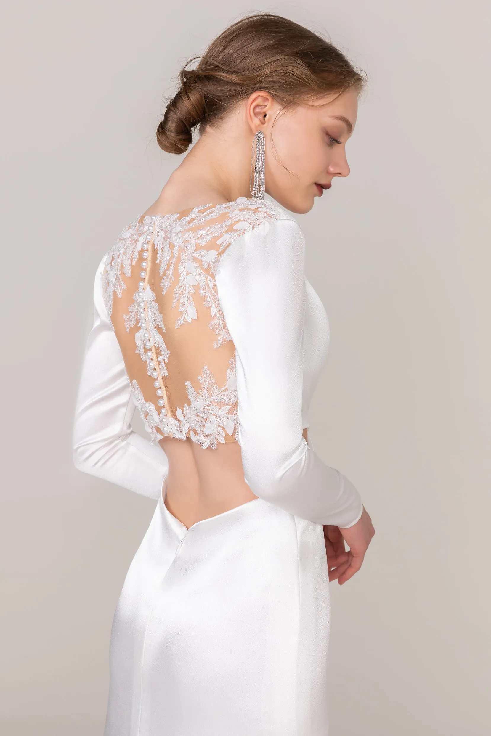 Sheath-Column Sweep-Brush Train Satin Wedding Dress CW2411 sold by Cocomelody product image thumbnail 2