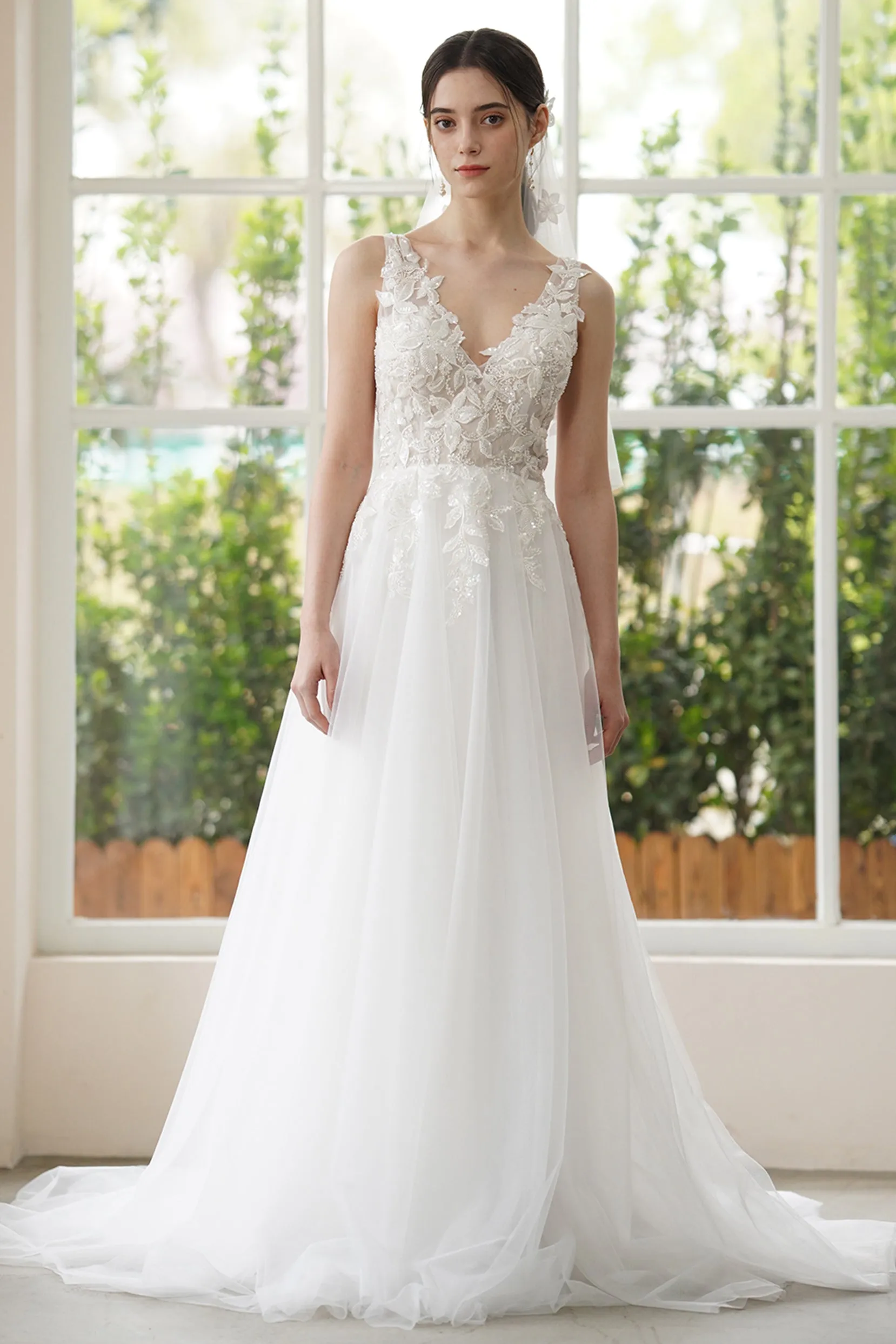 A-Line Sweep-Brush Train Lace Tulle Wedding Dress CW3306 sold by Cocomelody