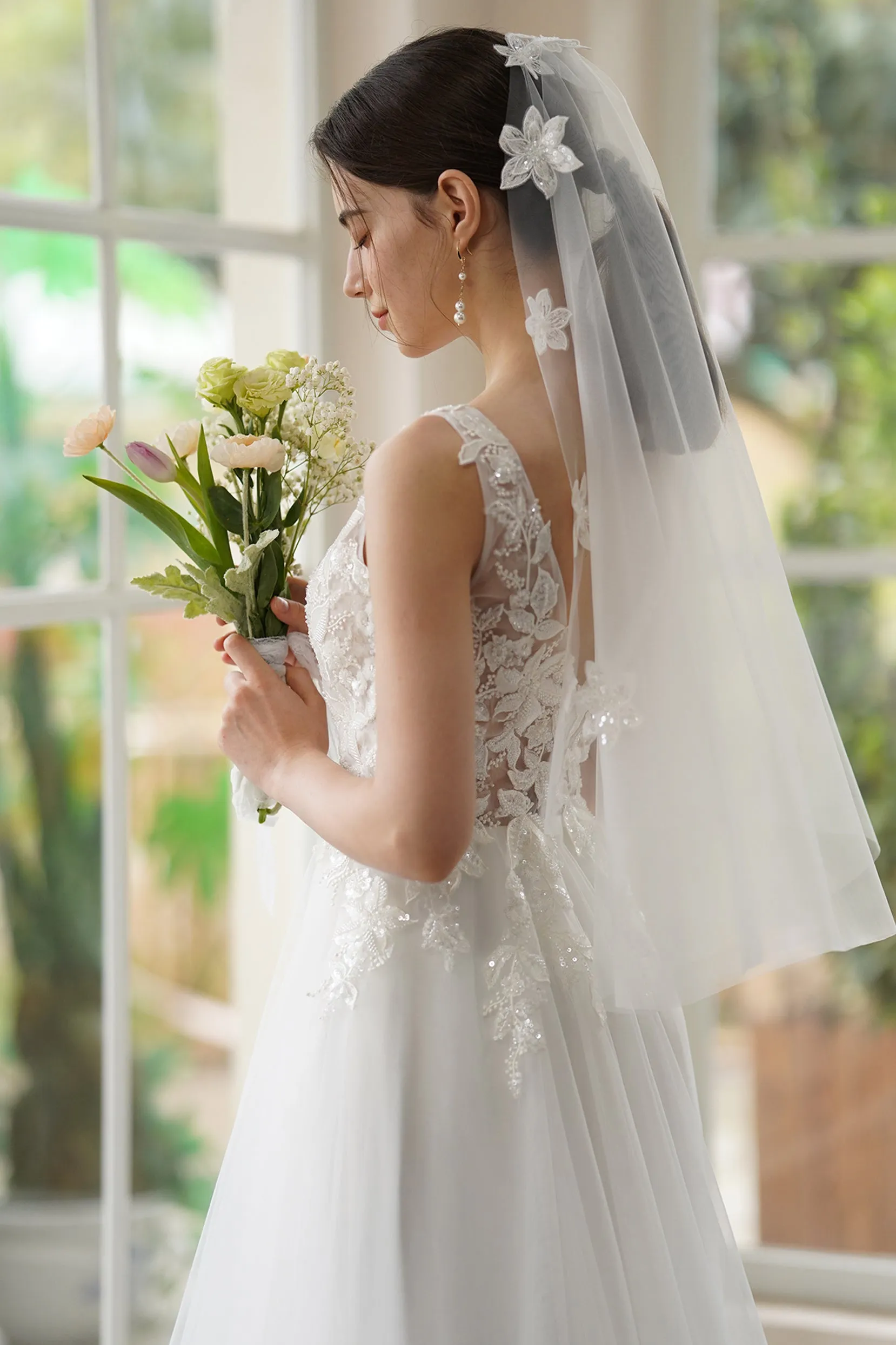 A-Line Sweep-Brush Train Lace Tulle Wedding Dress CW3306 sold by Cocomelody product image thumbnail 5