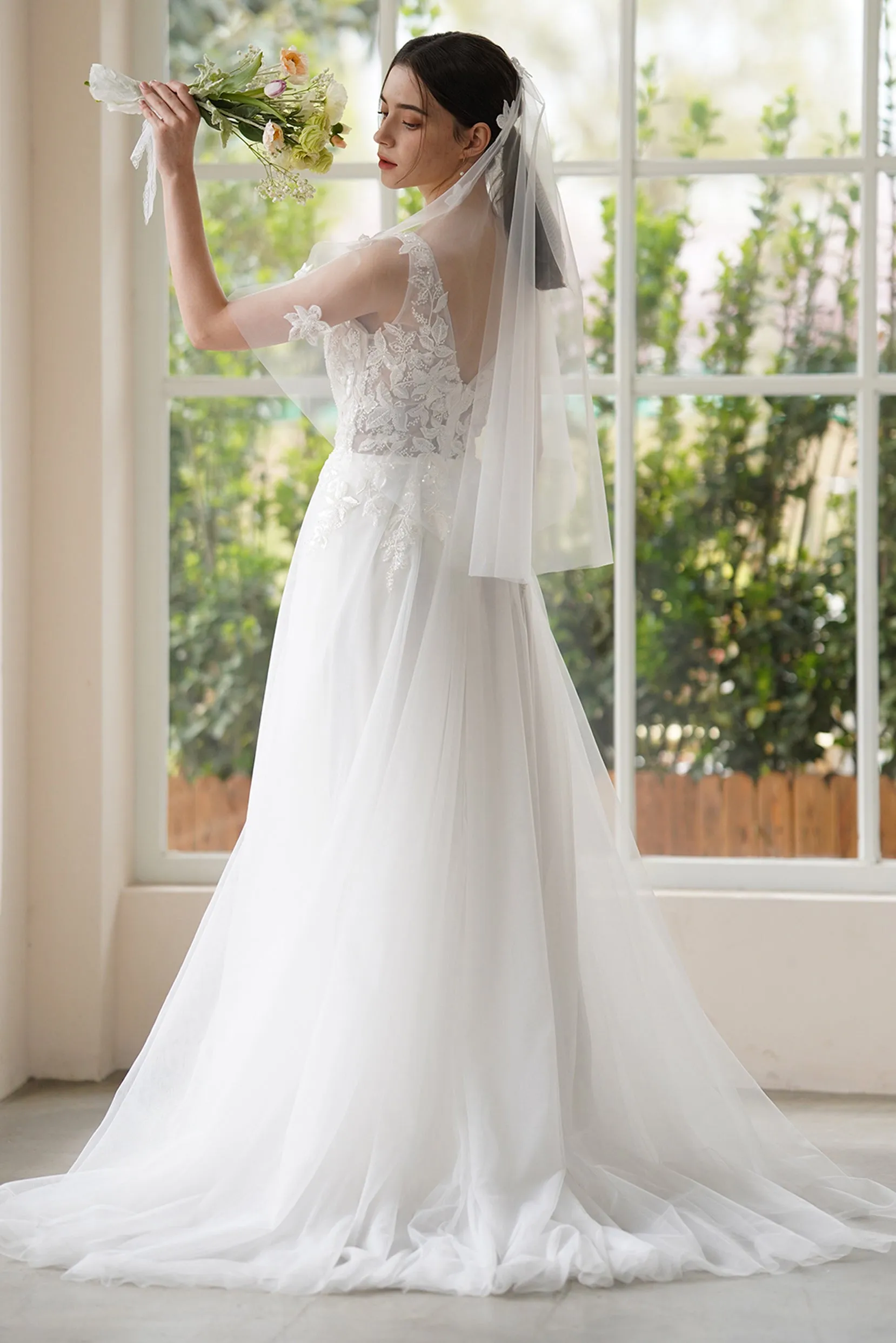 A-Line Sweep-Brush Train Lace Tulle Wedding Dress CW3306 sold by Cocomelody product image thumbnail 2