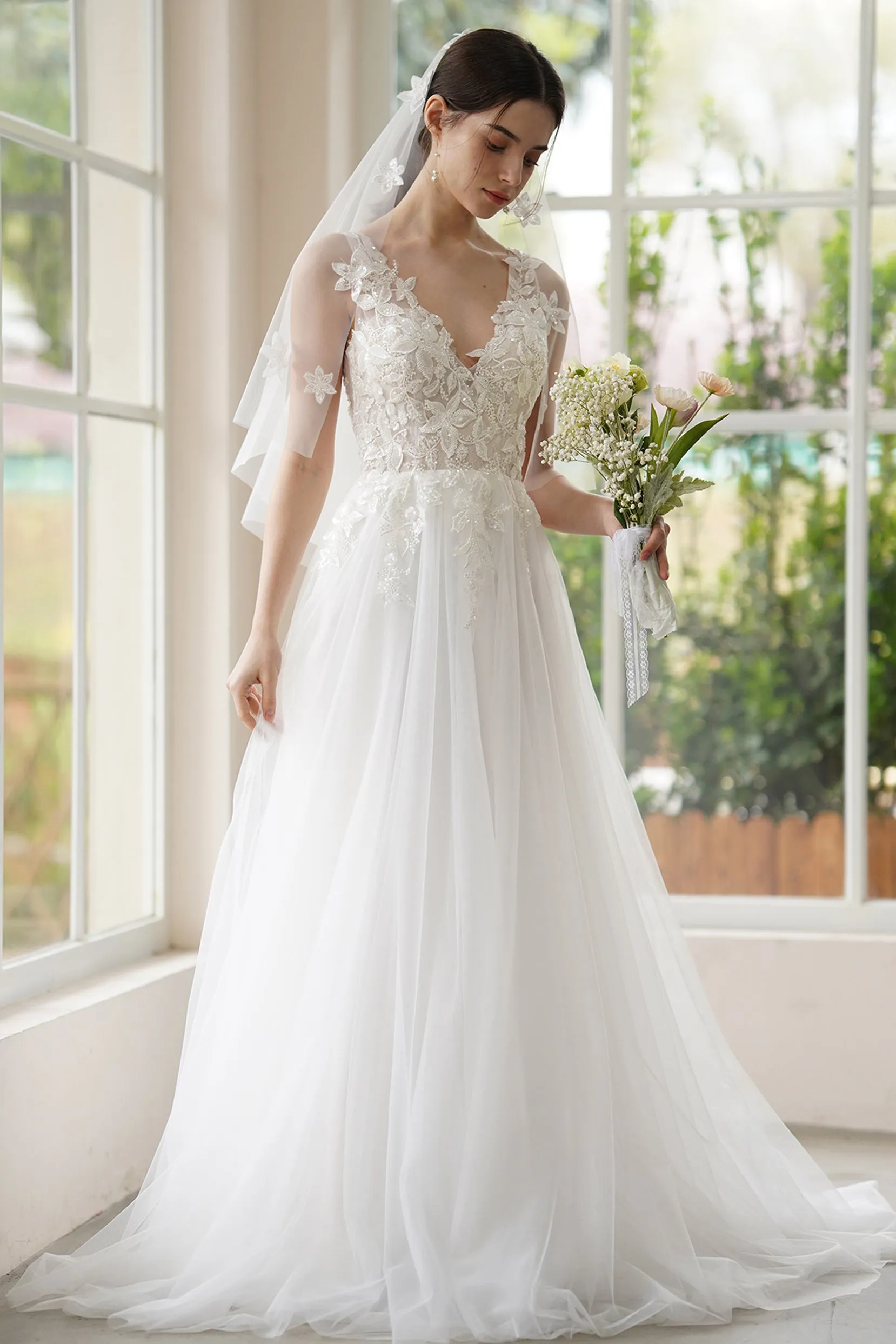 A-Line Sweep-Brush Train Lace Tulle Wedding Dress CW3306 sold by Cocomelody product image thumbnail 3