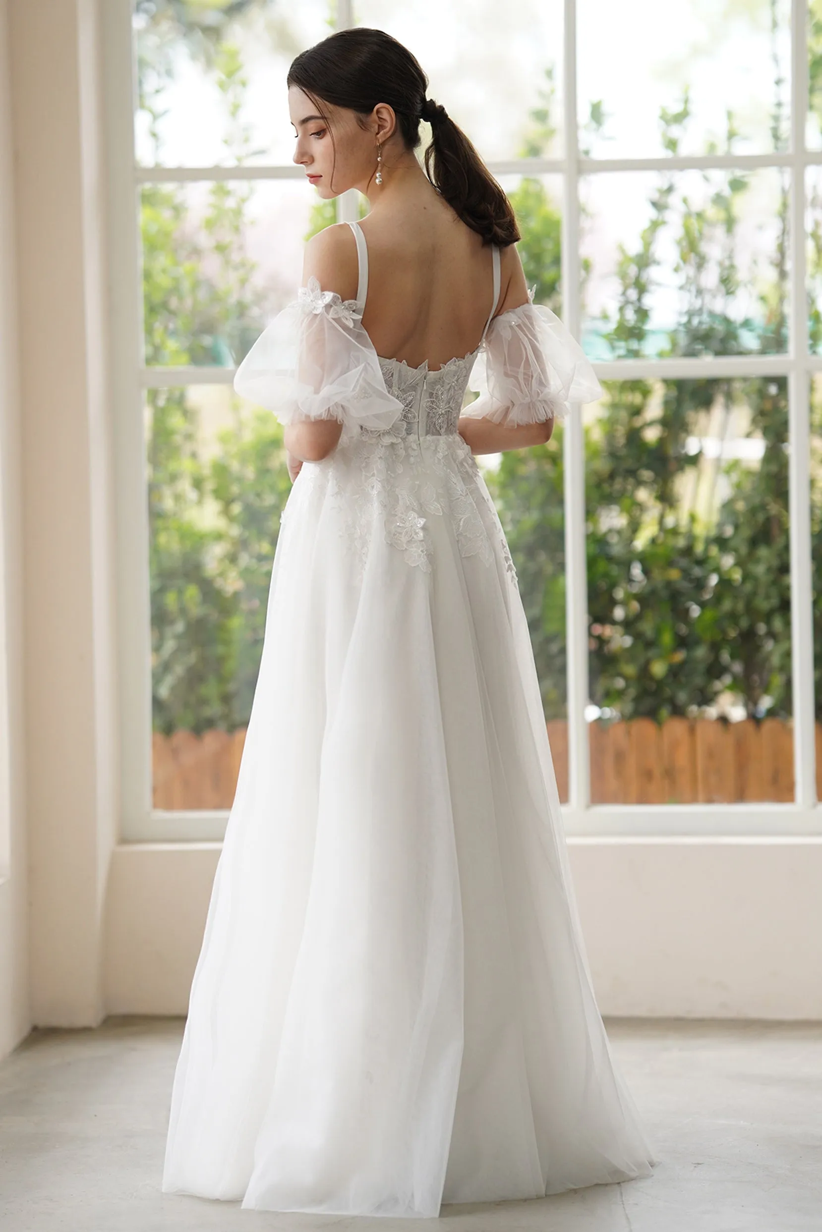 A-Line Sweep-Brush Train Lace Tulle Wedding Dress CW3307 sold by Cocomelody product image thumbnail 2