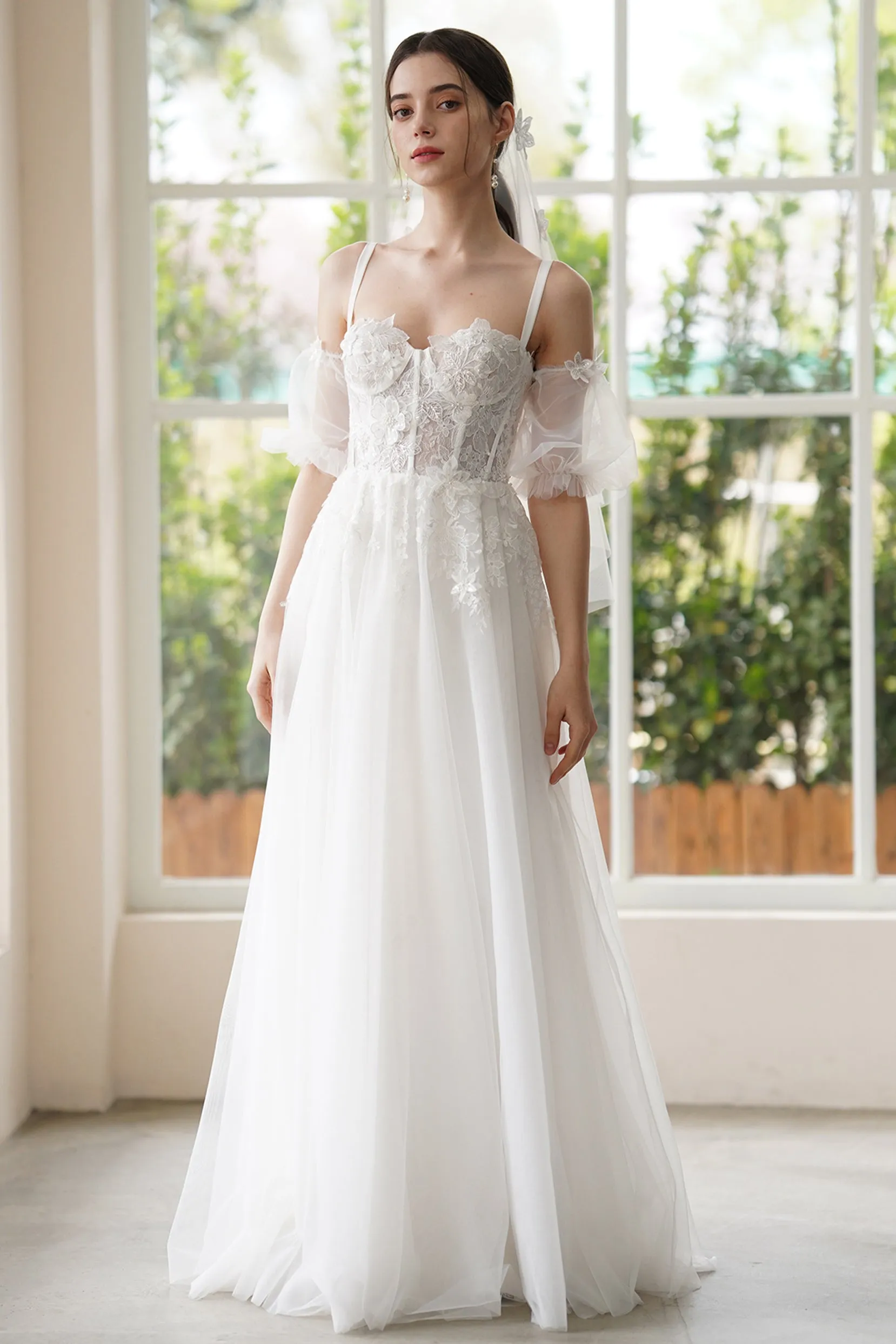 A-Line Sweep-Brush Train Lace Tulle Wedding Dress CW3307 sold by Cocomelody product image thumbnail 3