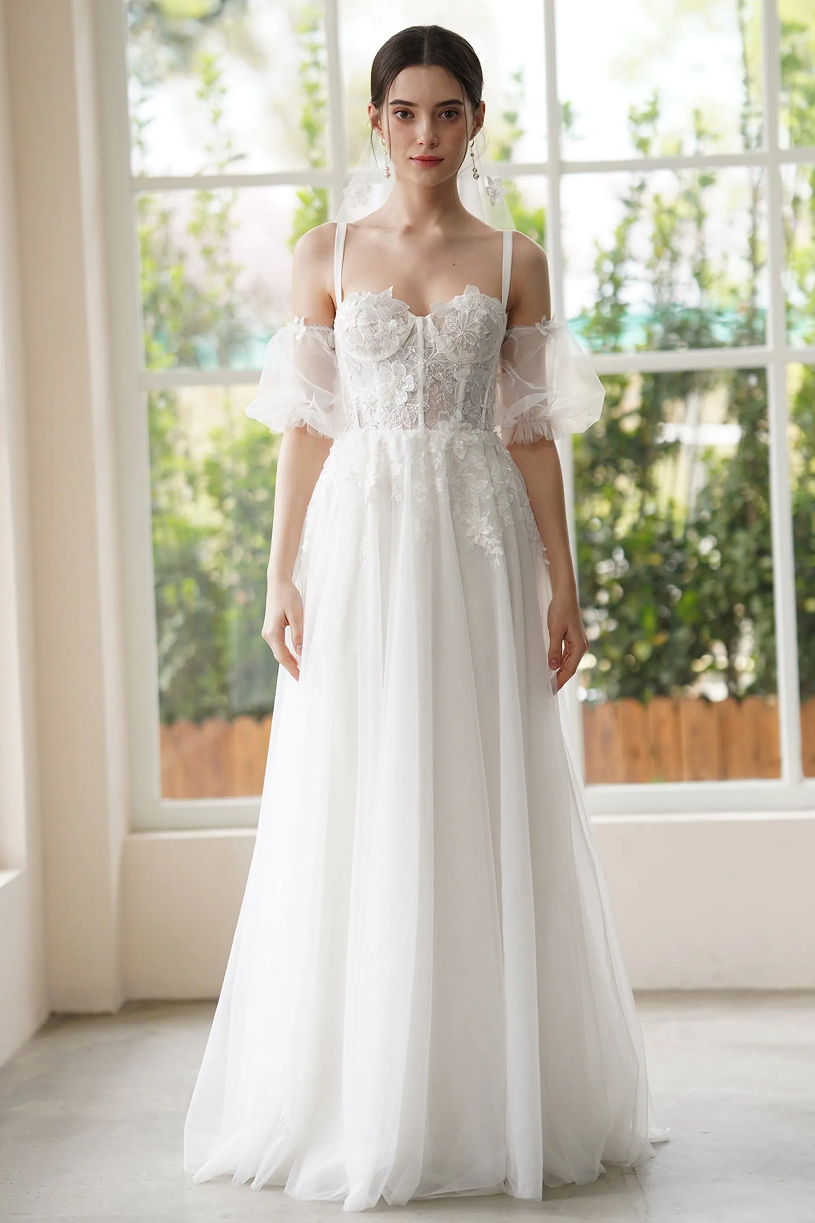 A-Line Sweep-Brush Train Lace Tulle Wedding Dress CW3307 sold by Cocomelody