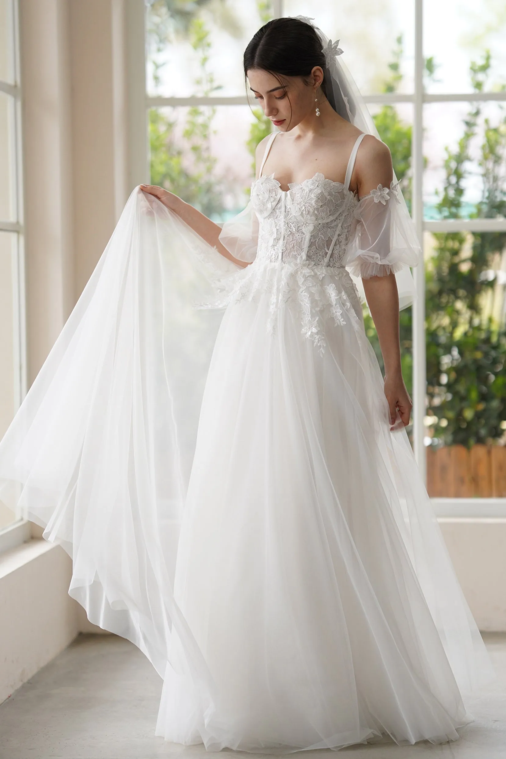 A-Line Sweep-Brush Train Lace Tulle Wedding Dress CW3307 sold by Cocomelody product image thumbnail 5