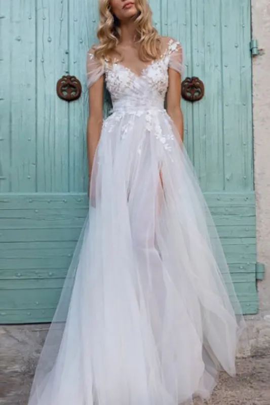 A-Line Sweep-Brush Train Lace Tulle Wedding Dress CW3118 sold by Cocomelody