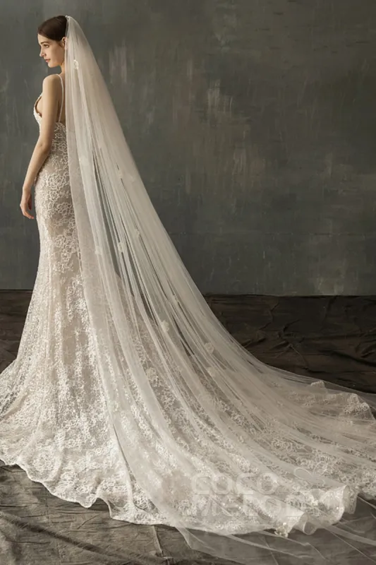 One-tier Cut Edge Tulle Cathedral Veils with Flower CV0208 sold by Cocomelody