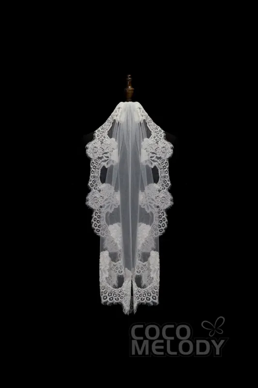 One-tier Lace Edge Tulle Hip Veils with Appliques AV180008 sold by Cocomelody