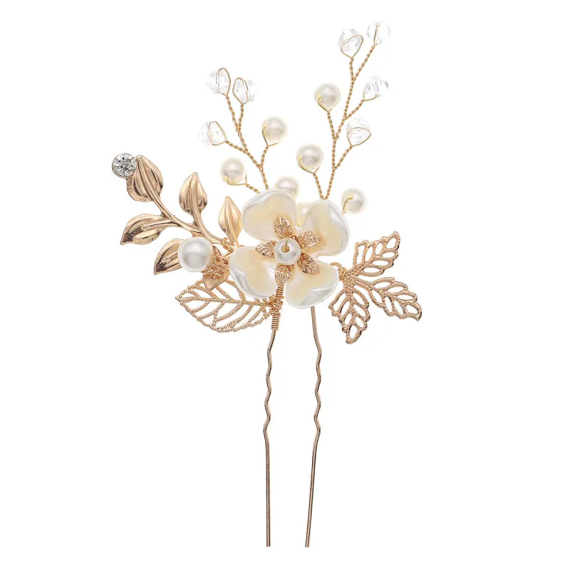 Accessories Hair accessories Handmade hairpin Dinner Party Hairpin Gold leaf Pearl flower pin set of 3 762013156634 sold by Cocomelody