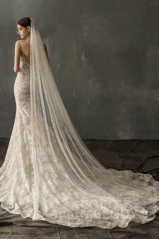 Elegant One-tier Cut Edge Tulle Chapel Veils Pearls CV0199 sold by Cocomelody