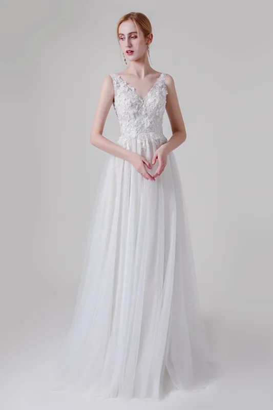 A-Line Sweep-Brush Train Lace Tulle Wedding Dress CW2740 sold by Cocomelody