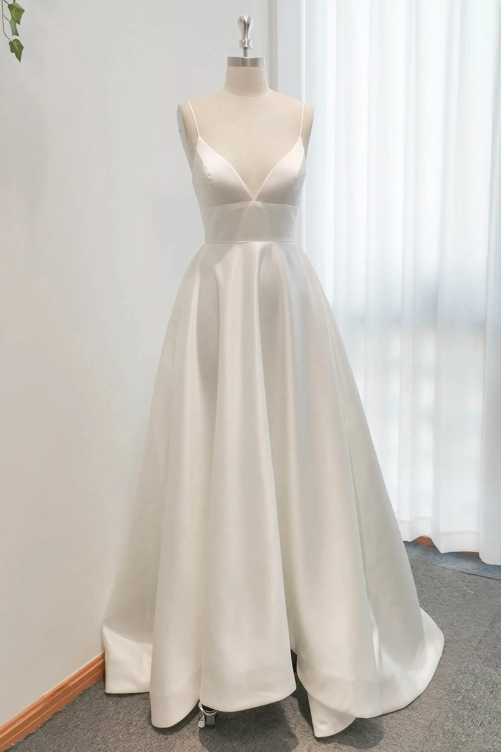 A-Line Sweep-Brush Train Satin Wedding Dress CW3112 sold by Cocomelody product image thumbnail 4
