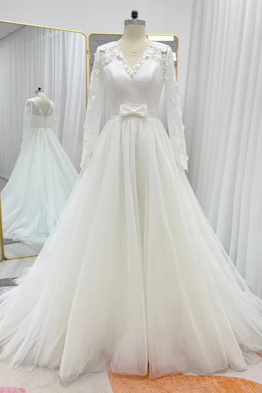 A-Line Chapel Train Mikado Lace Wedding Dress CW3236 sold by Cocomelody