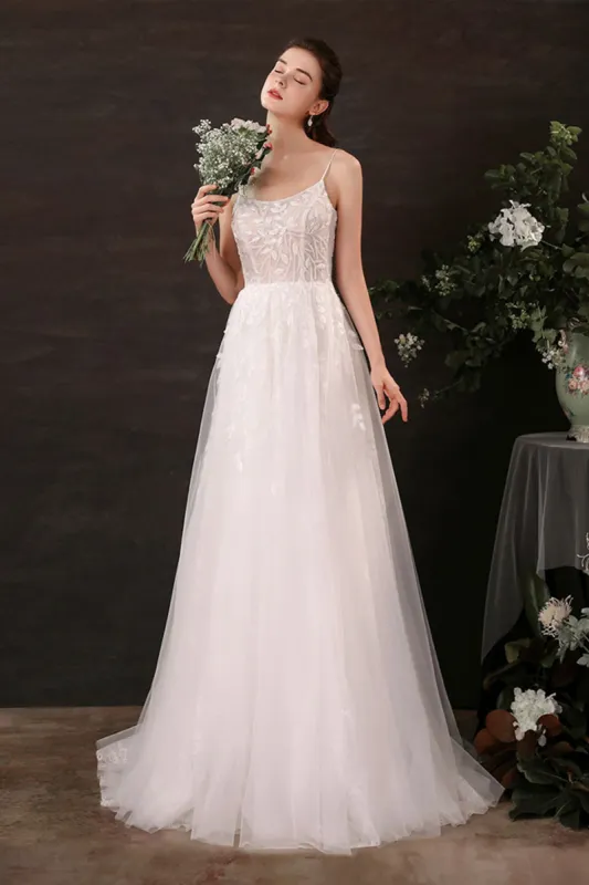 A-Line Sweep-Brush Train Lace Tulle Wedding Dress CW2684 sold by Cocomelody