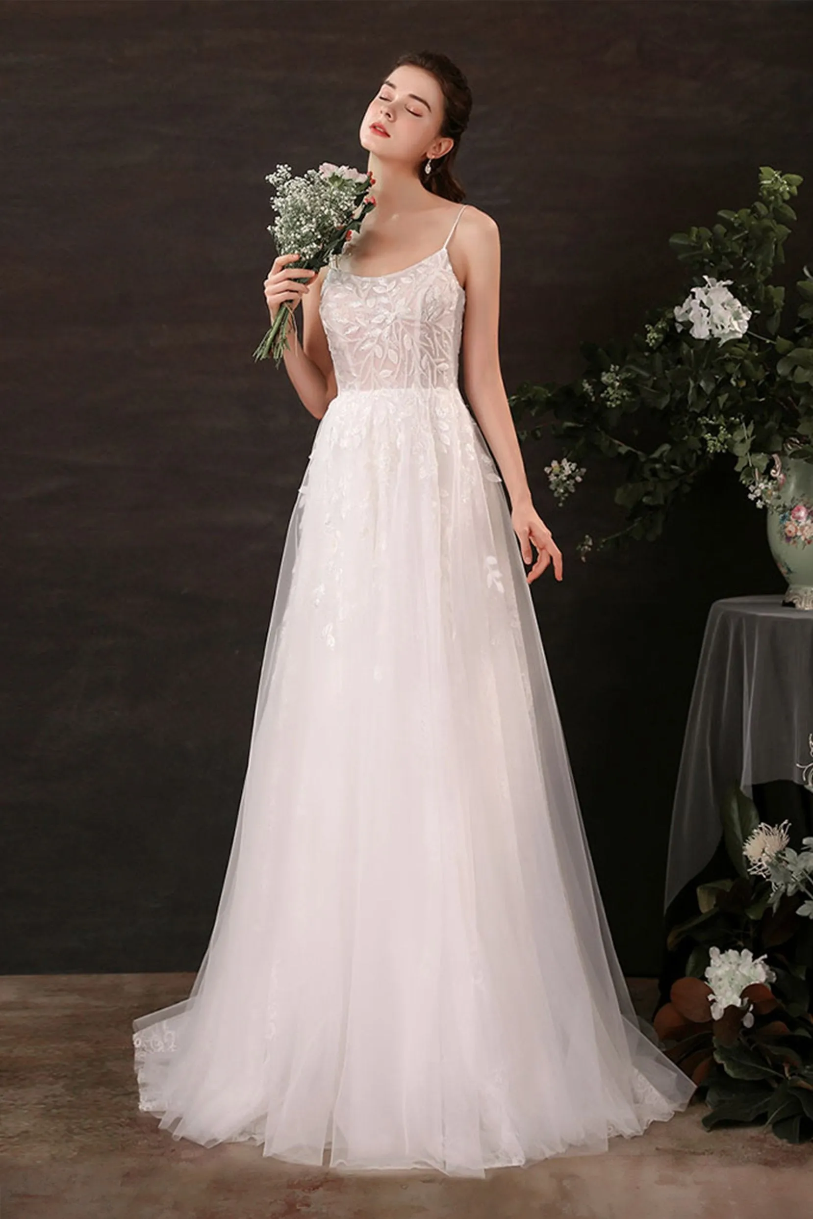 A-Line Sweep-Brush Train Lace Tulle Wedding Dress CW2684 sold by Cocomelody