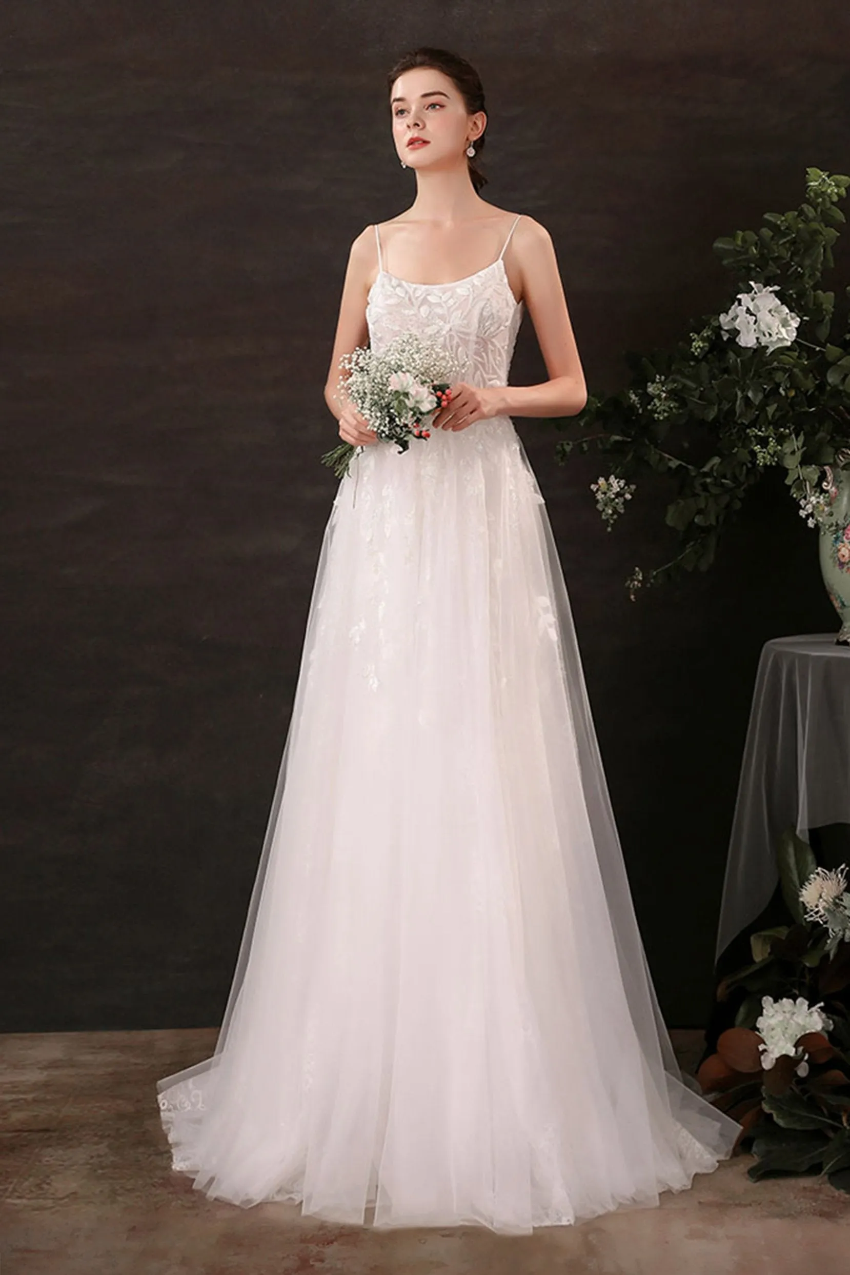 A-Line Sweep-Brush Train Lace Tulle Wedding Dress CW2684 sold by Cocomelody product image thumbnail 3