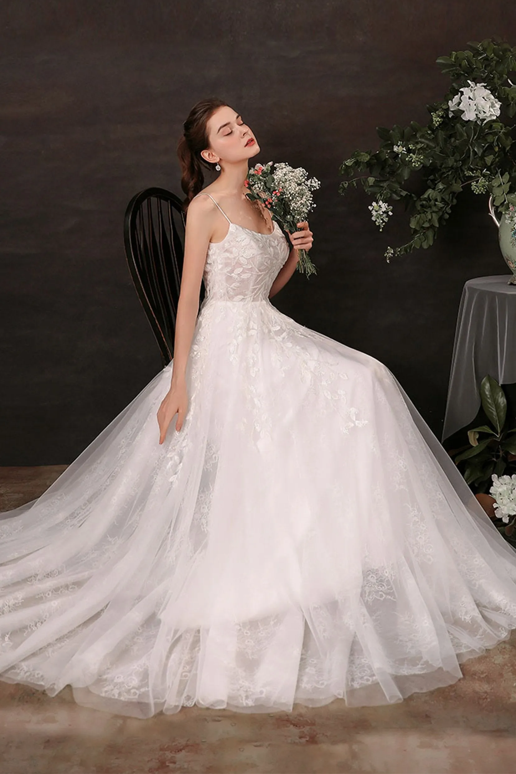 A-Line Sweep-Brush Train Lace Tulle Wedding Dress CW2684 sold by Cocomelody product image thumbnail 4