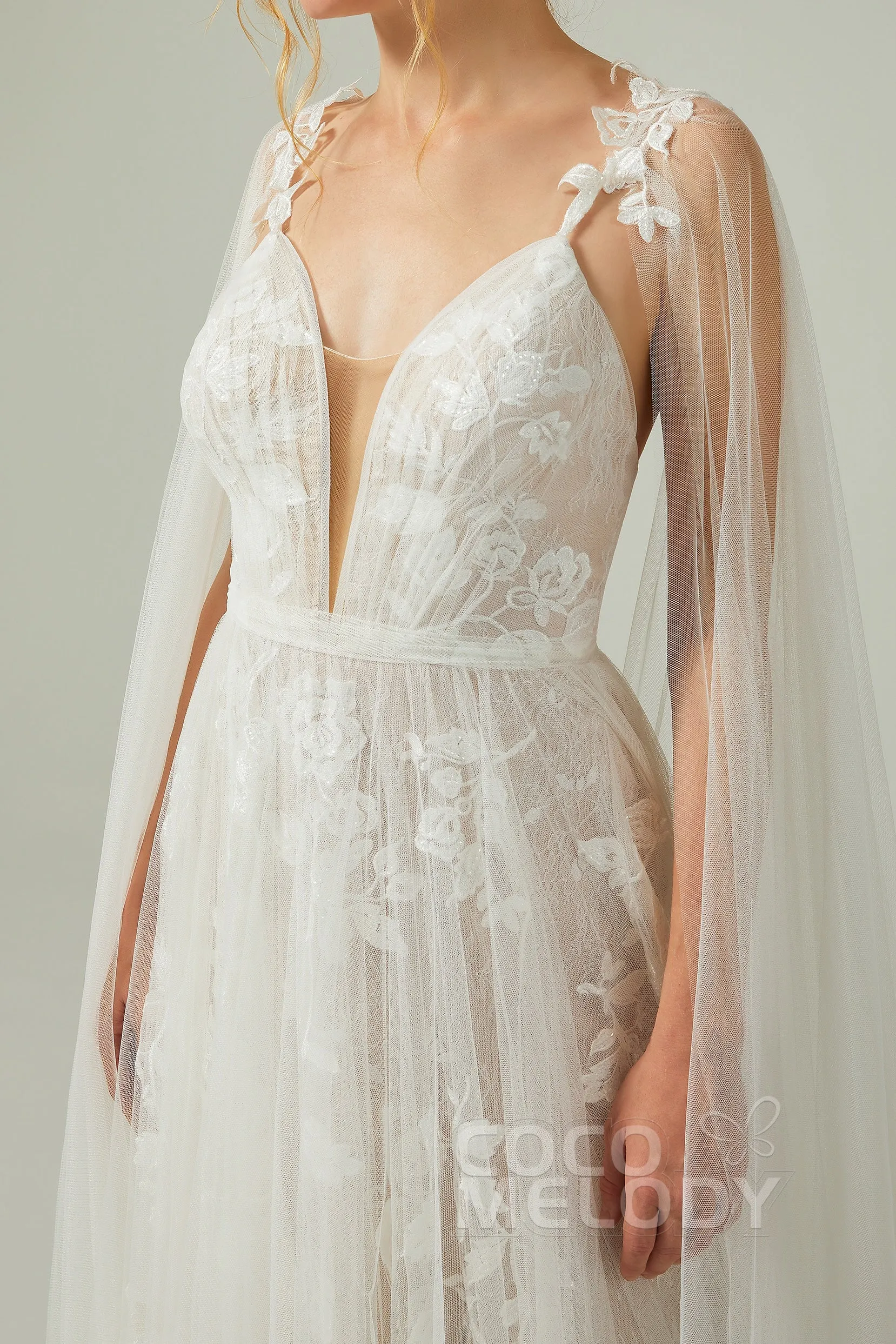 A-Line Sweep-Brush Train Tulle Lace Wedding Dress CW2174 sold by Cocomelody product image thumbnail 4