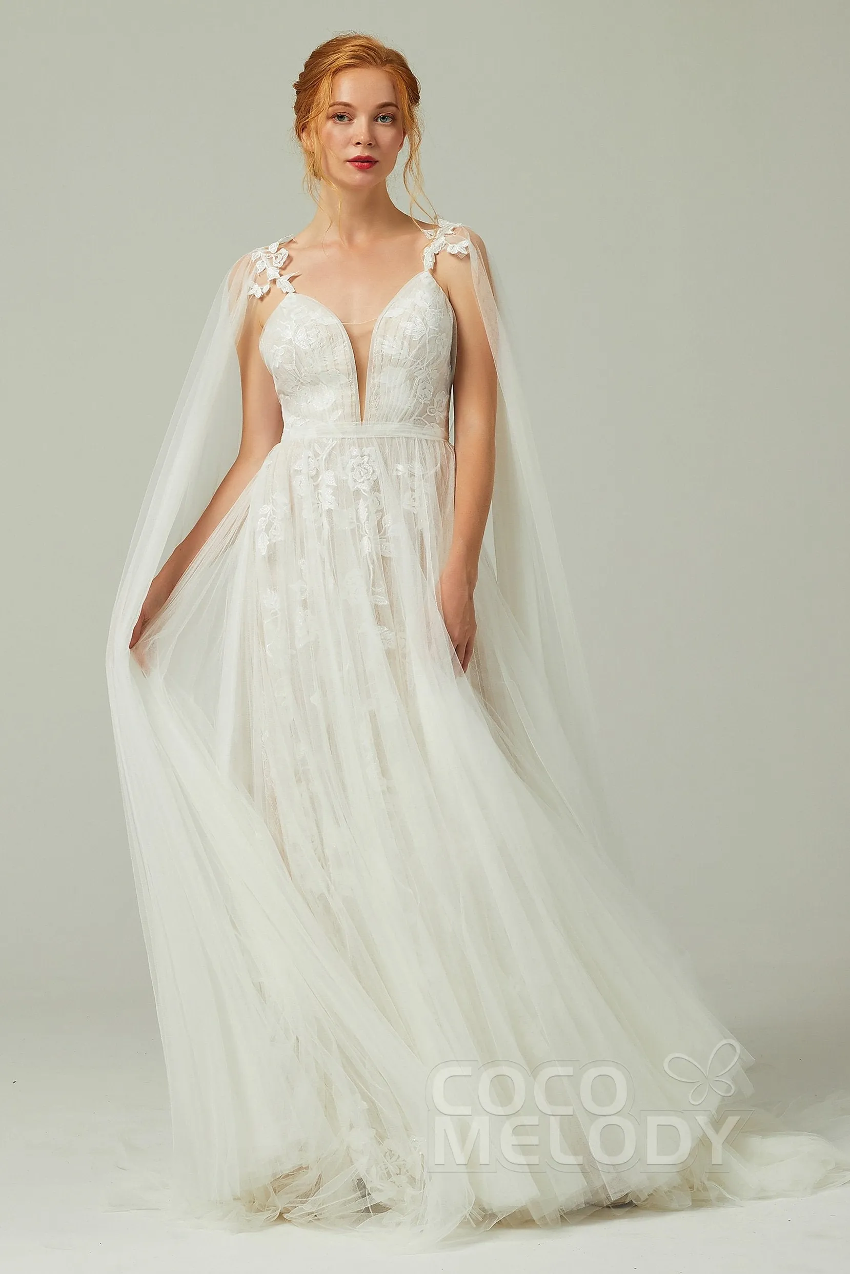 A-Line Sweep-Brush Train Tulle Lace Wedding Dress CW2174 sold by Cocomelody