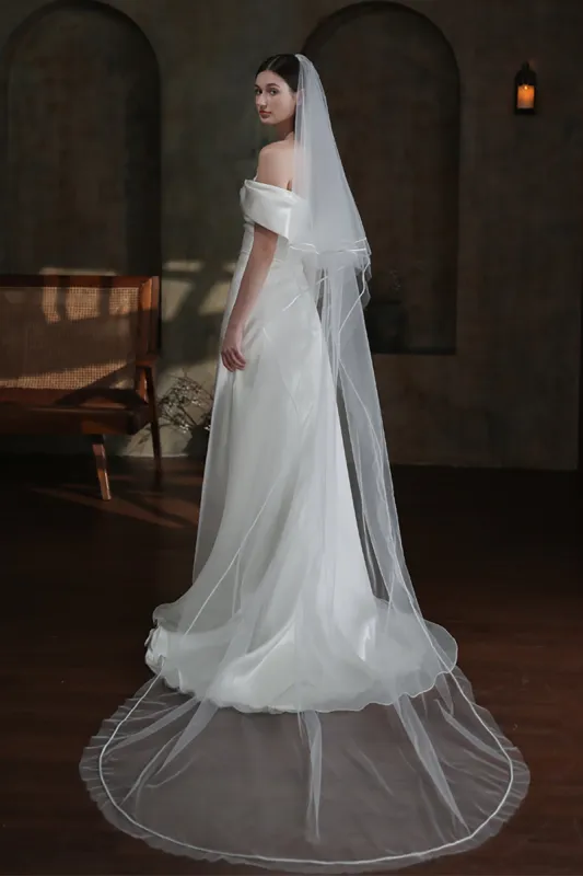 Two-tier Satin Edge Tulle Chapel Veils with Ribbons CV0319 sold by Cocomelody
