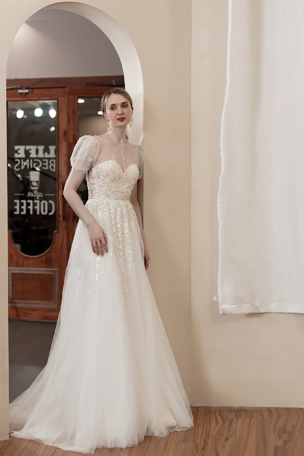 A-Line Sweep-Brush Train Lace Tulle Wedding Dress CW2977 sold by Cocomelody product image thumbnail 3