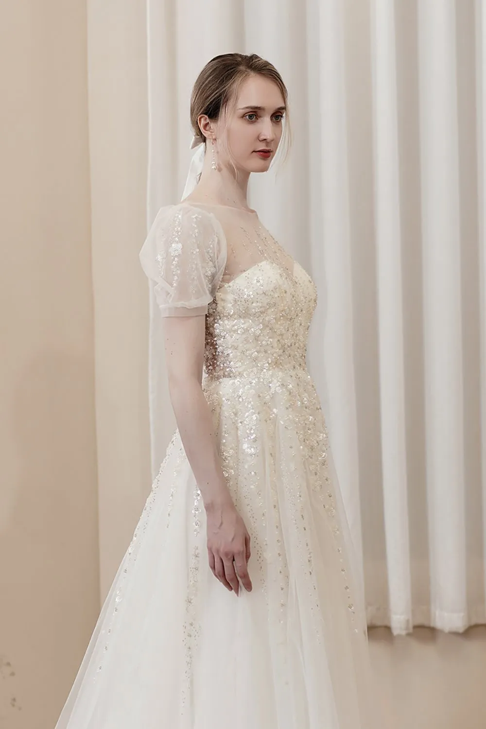 A-Line Sweep-Brush Train Lace Tulle Wedding Dress CW2977 sold by Cocomelody product image thumbnail 5