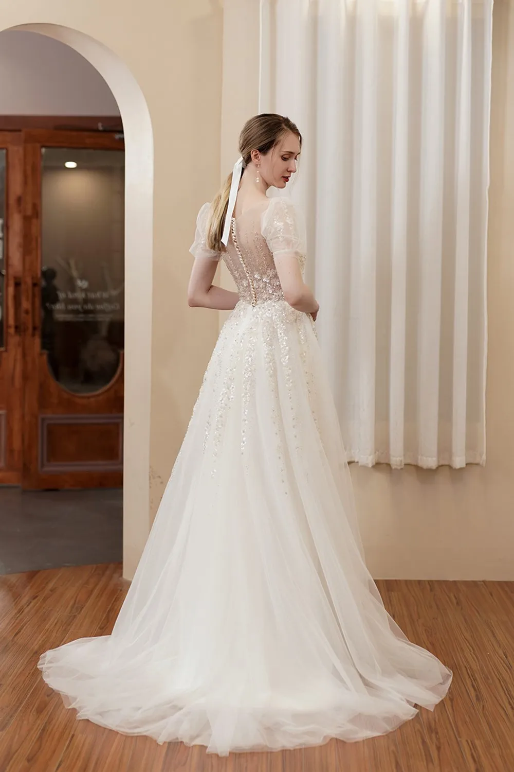 A-Line Sweep-Brush Train Lace Tulle Wedding Dress CW2977 sold by Cocomelody product image thumbnail 2