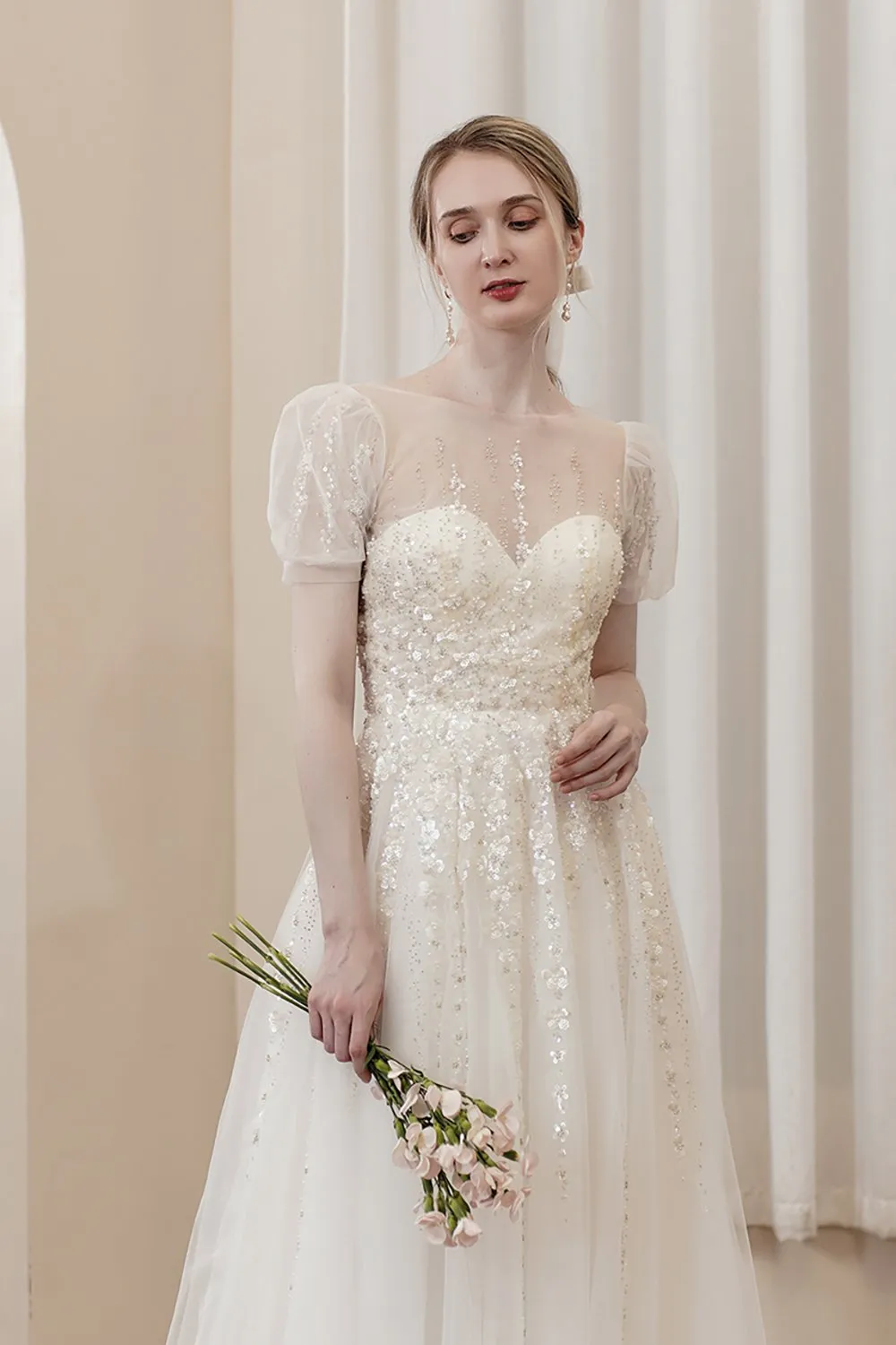 A-Line Sweep-Brush Train Lace Tulle Wedding Dress CW2977 sold by Cocomelody product image thumbnail 4