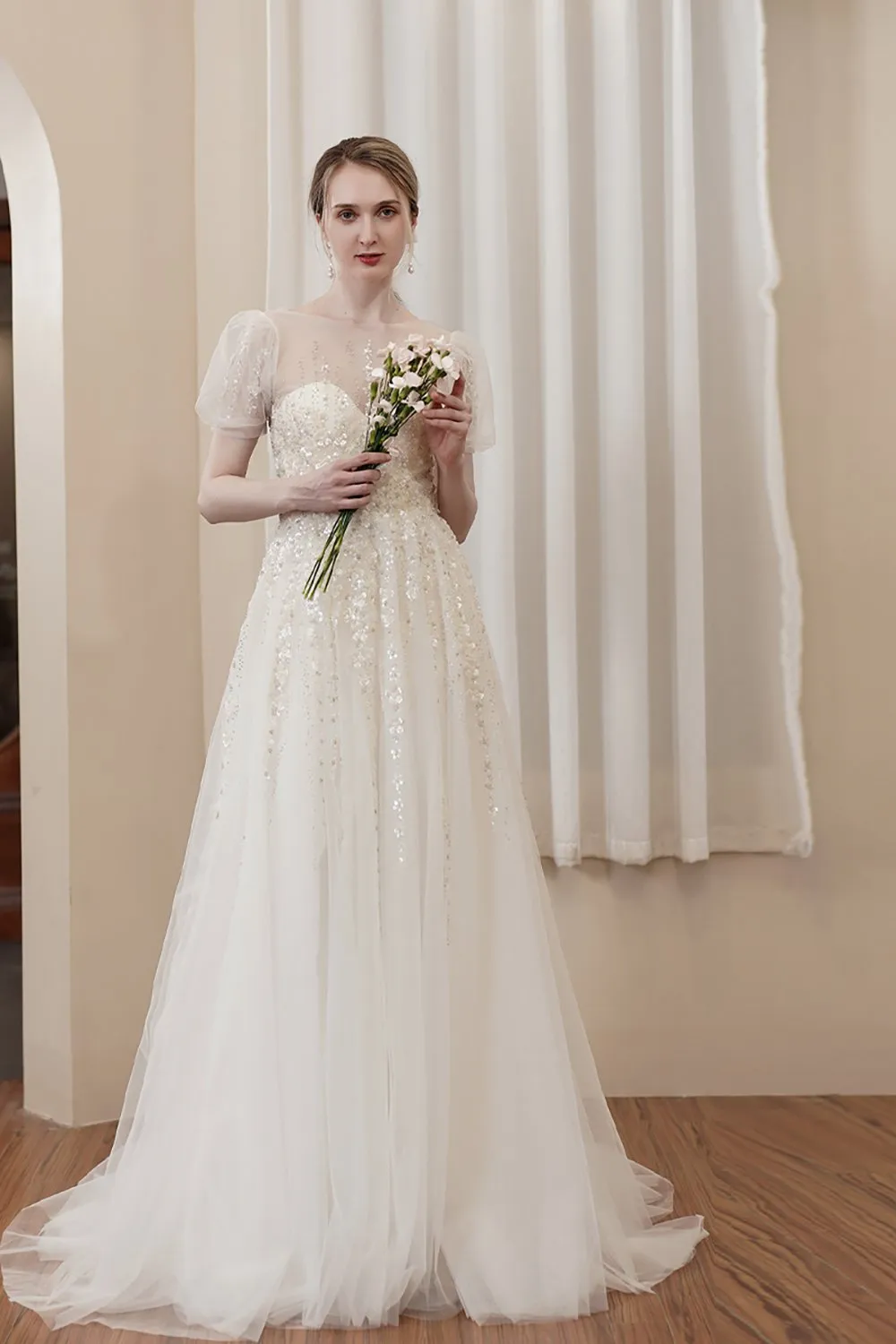 A-Line Sweep-Brush Train Lace Tulle Wedding Dress CW2977 sold by Cocomelody