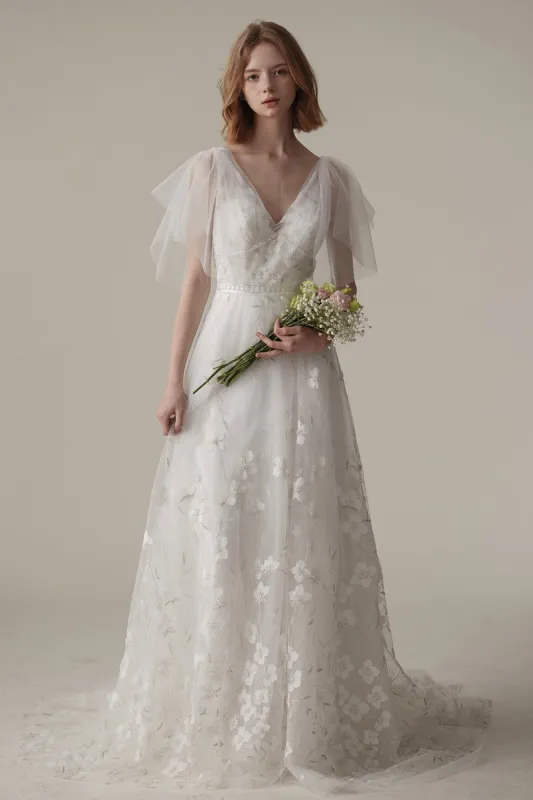 A-Line Sweep-Brush Train Lace Tulle Wedding Dress CW3085 sold by Cocomelody