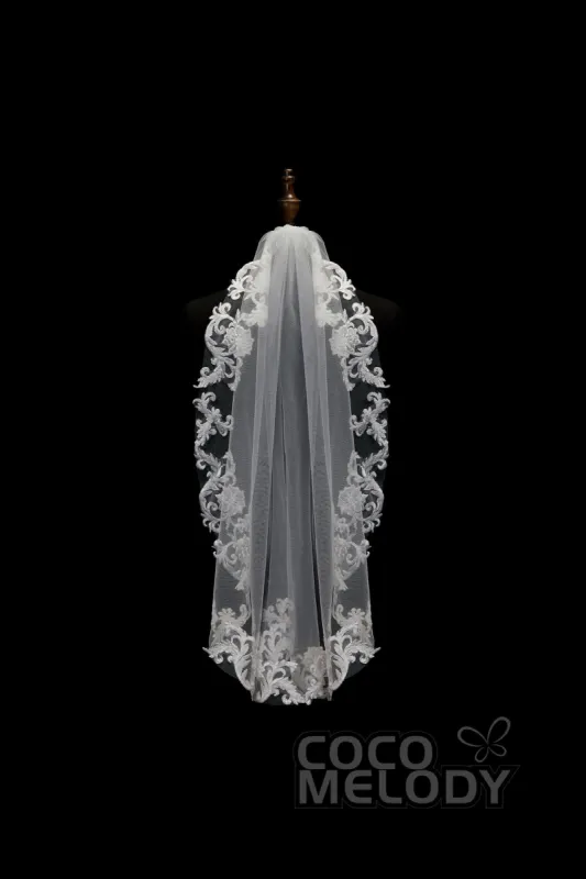 One-tier Lace Edge Tulle Hip Veils with Appliques AV180002 sold by Cocomelody