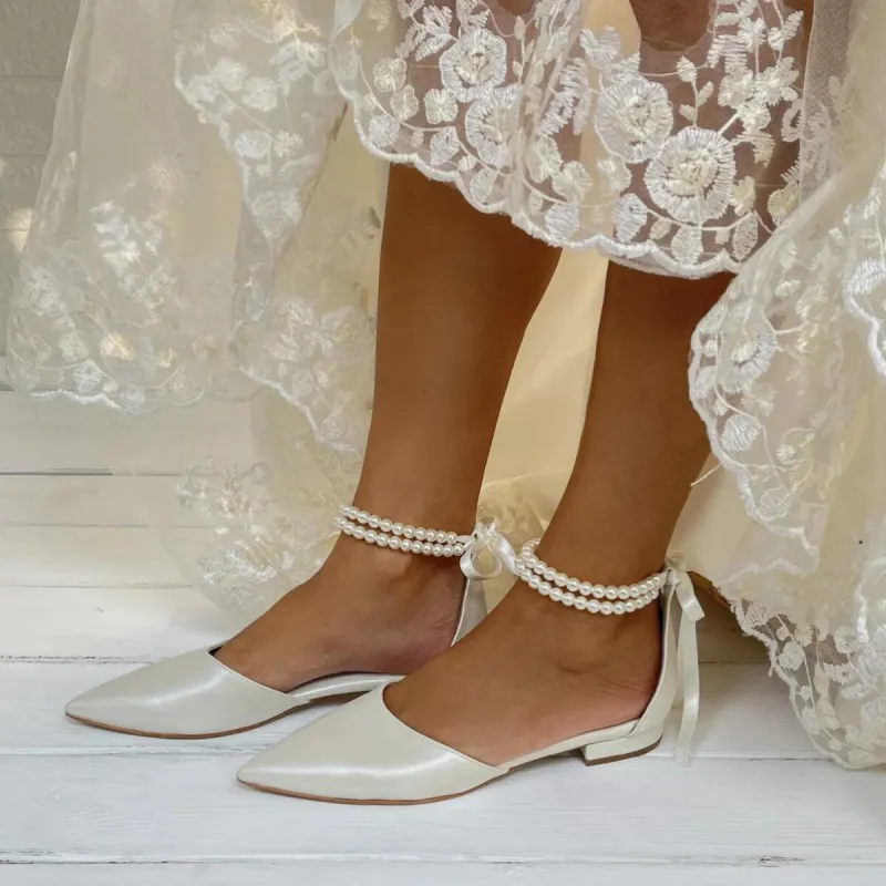 White pearl Ankle Strap Pointy Flat Shoes 708546617778 sold by Cocomelody