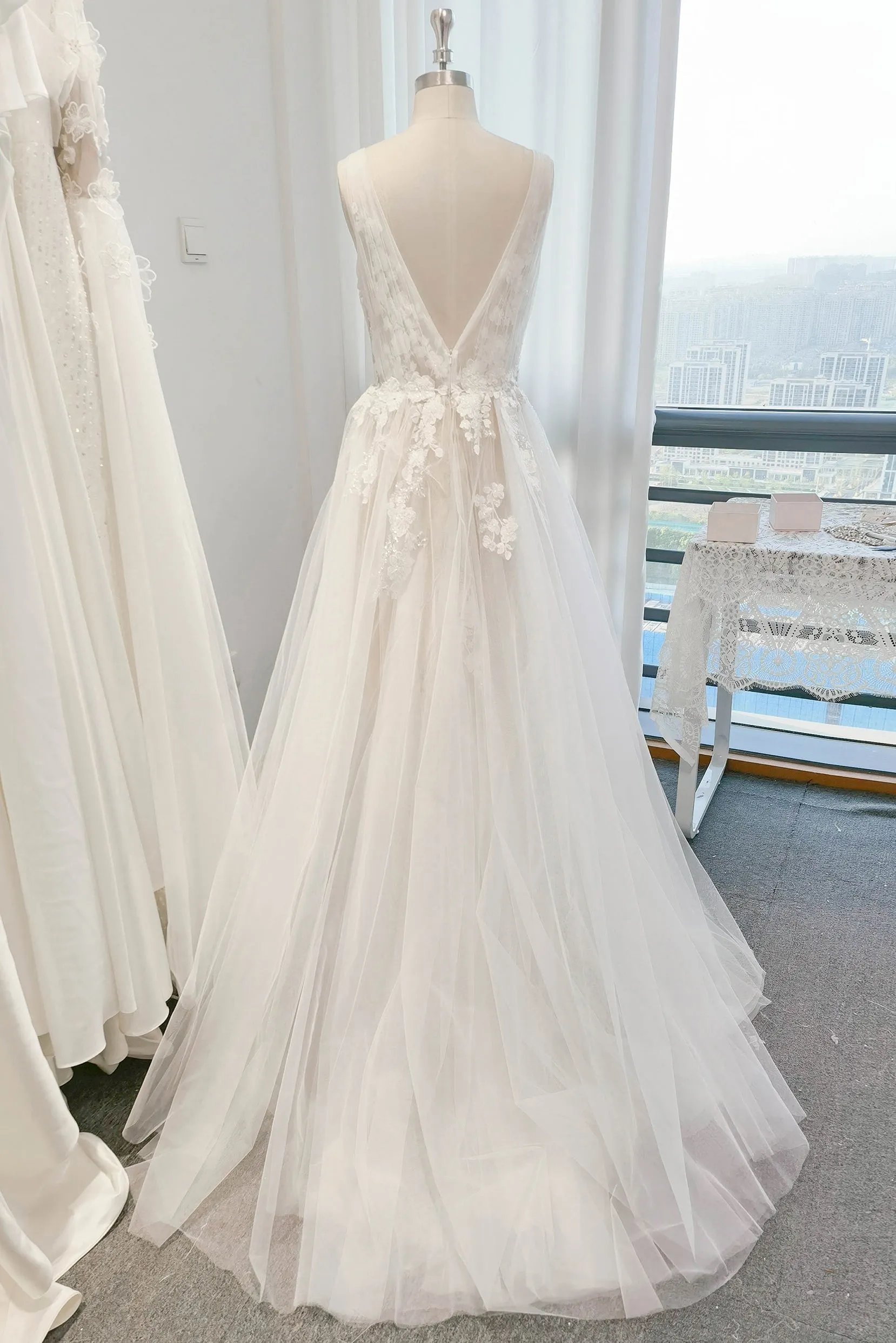 A-Line Sweep-Brush Train Lace Tulle Wedding Dress CW3107 sold by Cocomelody product image thumbnail 2