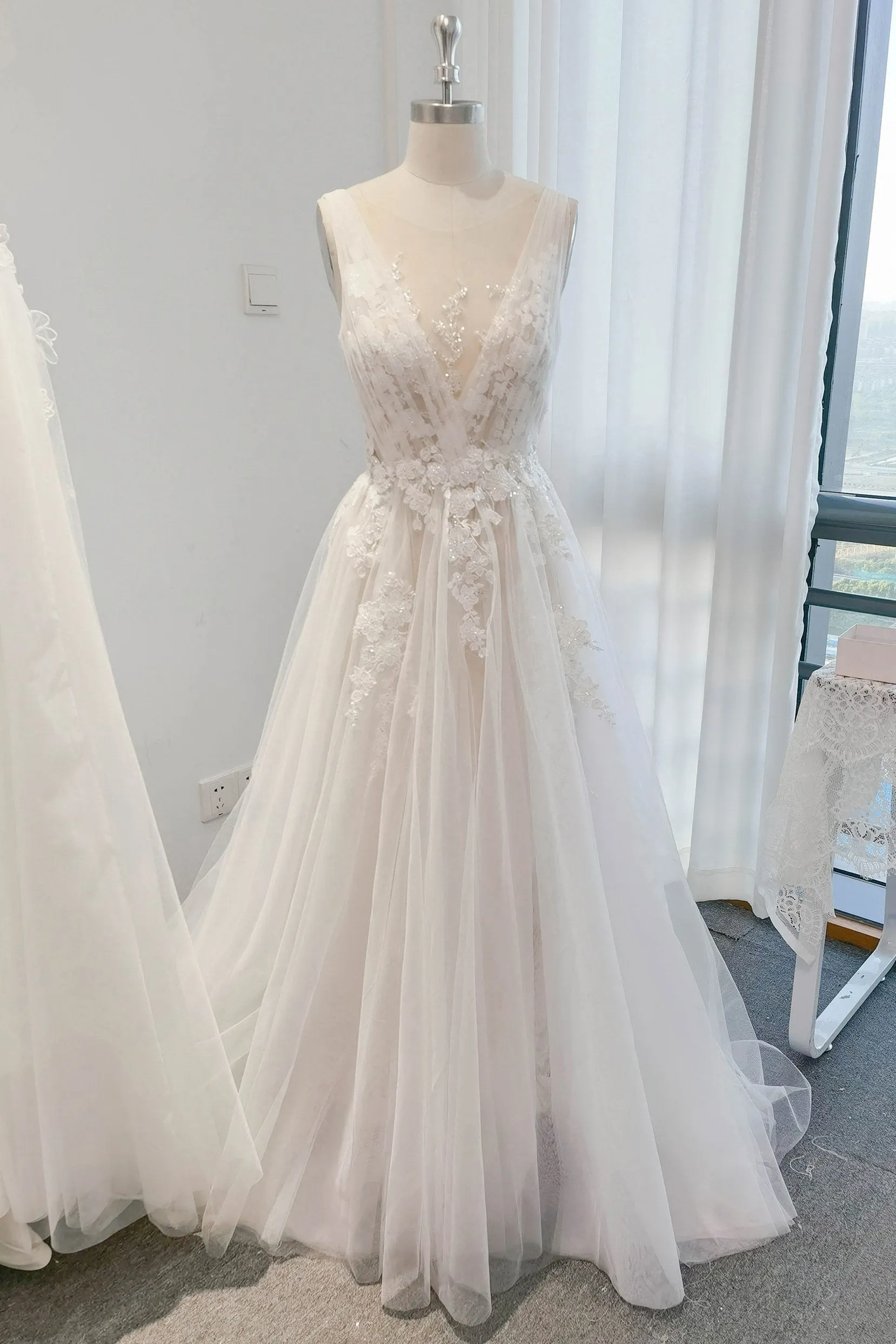 A-Line Sweep-Brush Train Lace Tulle Wedding Dress CW3107 sold by Cocomelody
