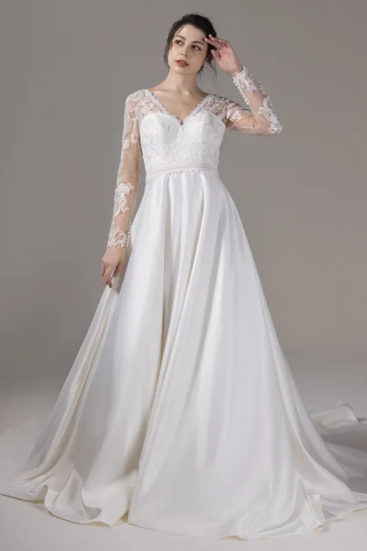 A-Line Court Train Lace Satin Wedding Dress CW2824 sold by Cocomelody