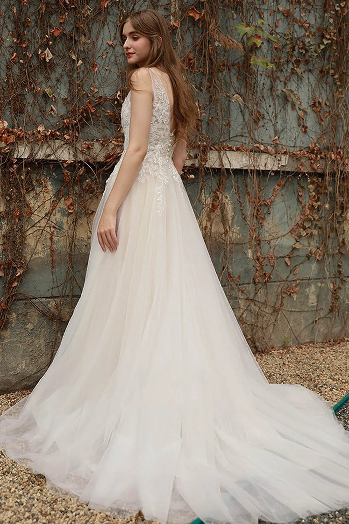 A-Line Sweep-Brush Train Tulle Wedding Dress CW3028 sold by Cocomelody product image thumbnail 2