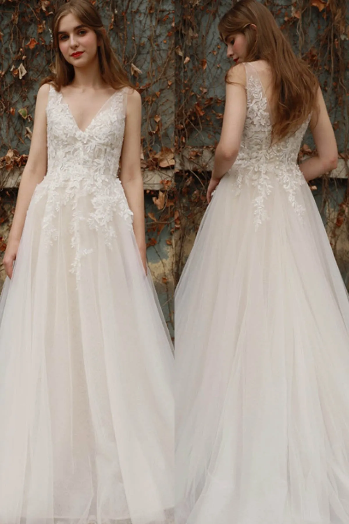 A-Line Sweep-Brush Train Tulle Wedding Dress CW3028 sold by Cocomelody product image thumbnail 3