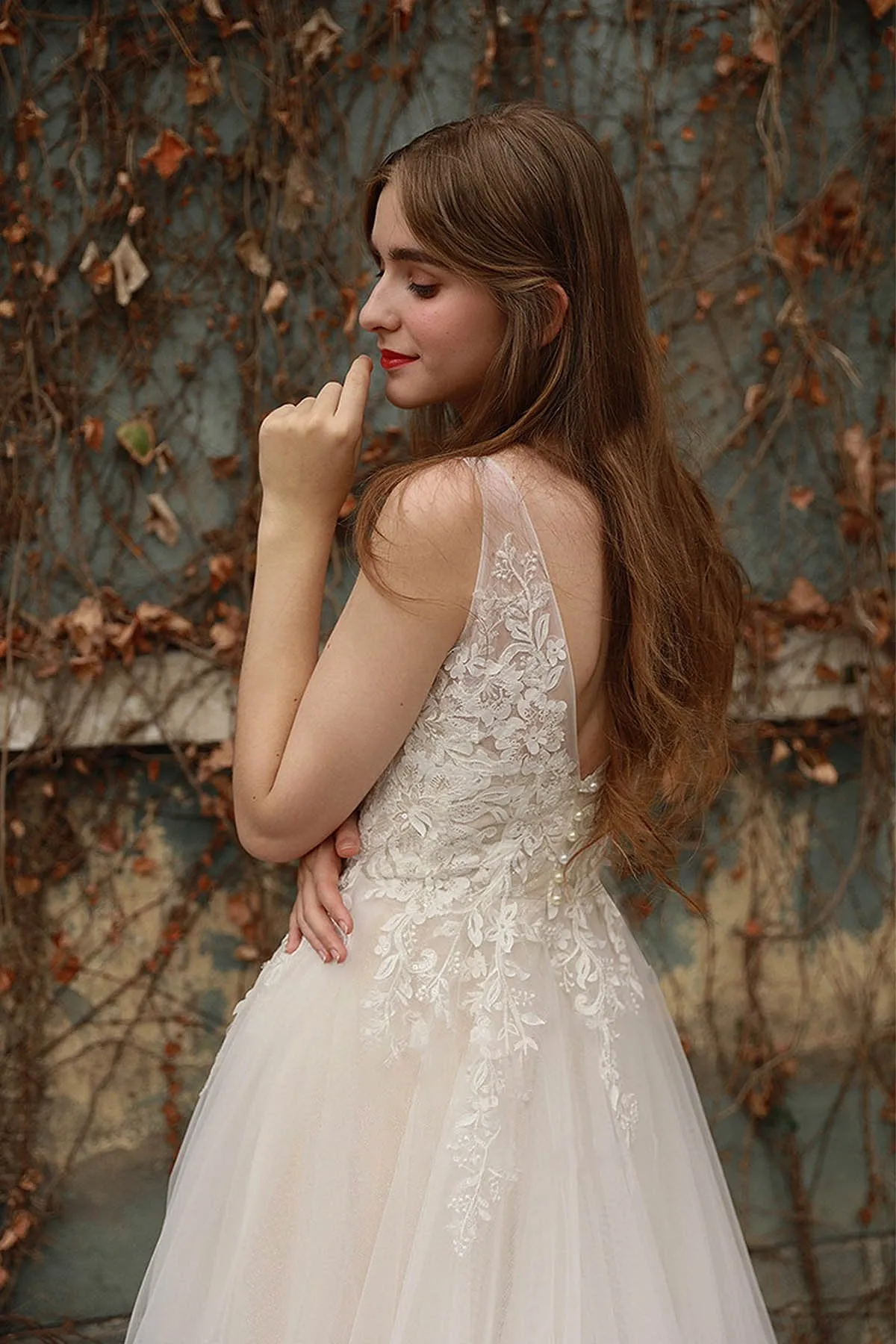 A-Line Sweep-Brush Train Tulle Wedding Dress CW3028 sold by Cocomelody product image thumbnail 4